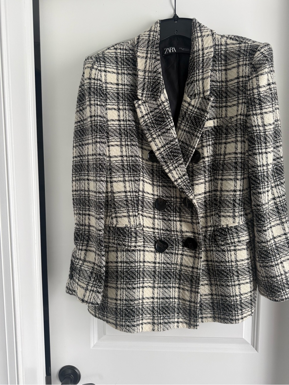 Zara Black and Cream Plaid Double-Breasted Blazer Jacket